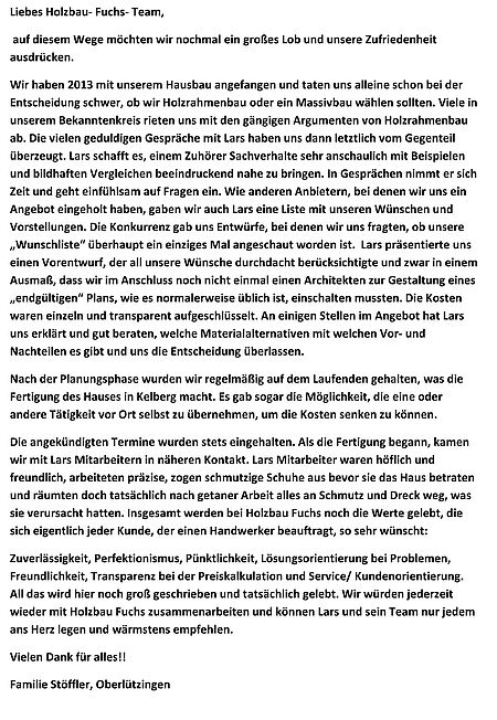 Holzbau Fuchs Empfehlungsschreiben