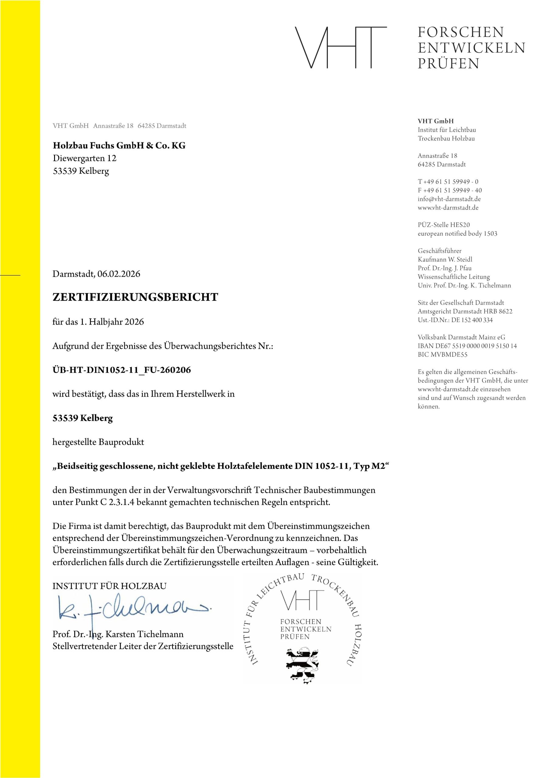 Zertifizierungsbericht VHT 1. HJ 2026 für BEIDSEITIG geschl. Elemente