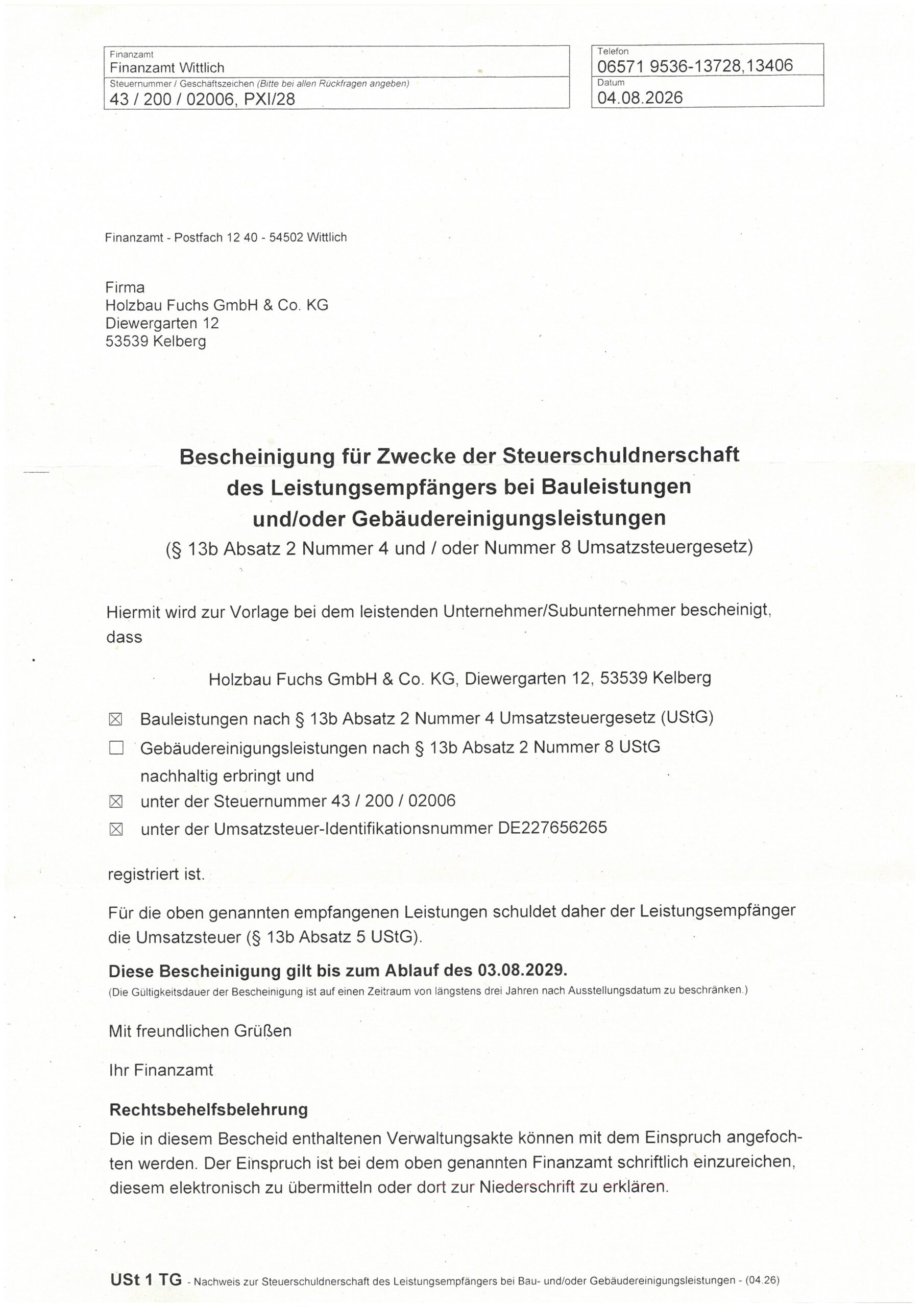 Freistellungsbescheinigung § 13b; gültig bis 03.08.2029